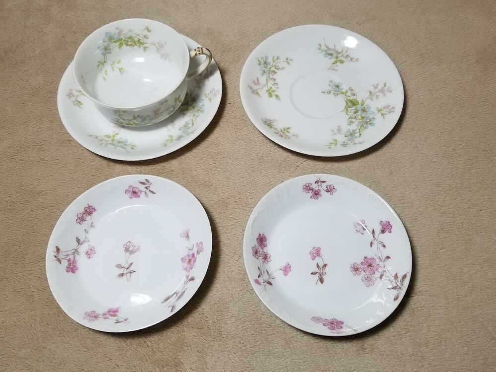 Limoges Haviland Coffee Mug Teacup Saucers Dessert Plate Green Pink France x5